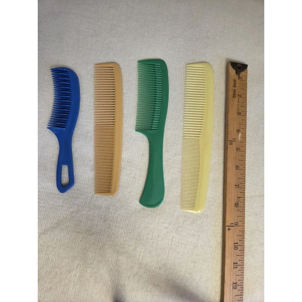 Lot of 4 Vintage Plastic Combs – AJAX Green, Fine‑Tooth & Wide‑Tooth – 1970s–90s